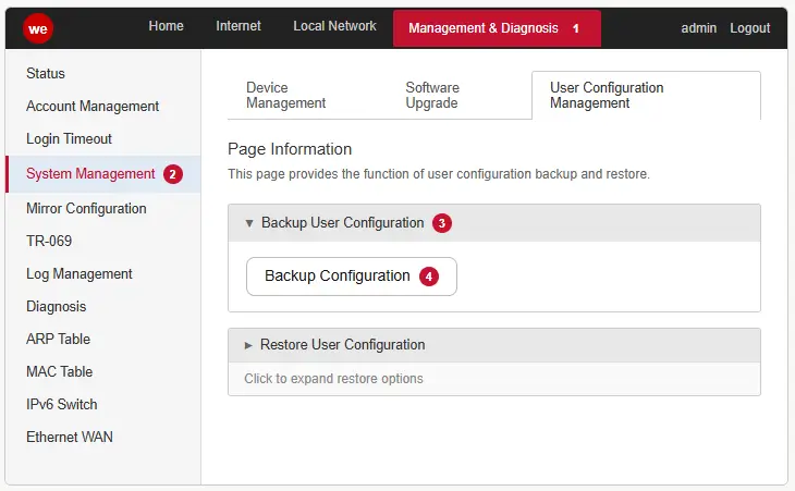 خطوات عمل نسخ احتياطي لراوتر وي H168n